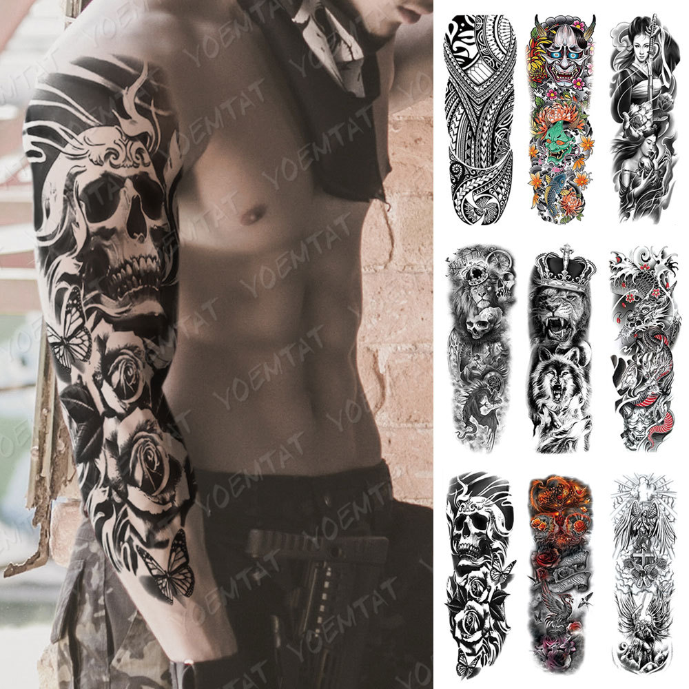 Large Full Arm Sleeve Waterproof Temporary Tattoo Sticker Skul Dragon Snake Lion Wolf Tiger Prajna F