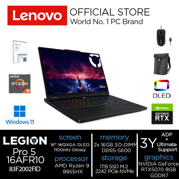 Lenovo Legion Pro 5 16AFR10 2FID Ryzen 9 9955HX 32GB 1TB 16" RTX5070 W11+M365+OH2024