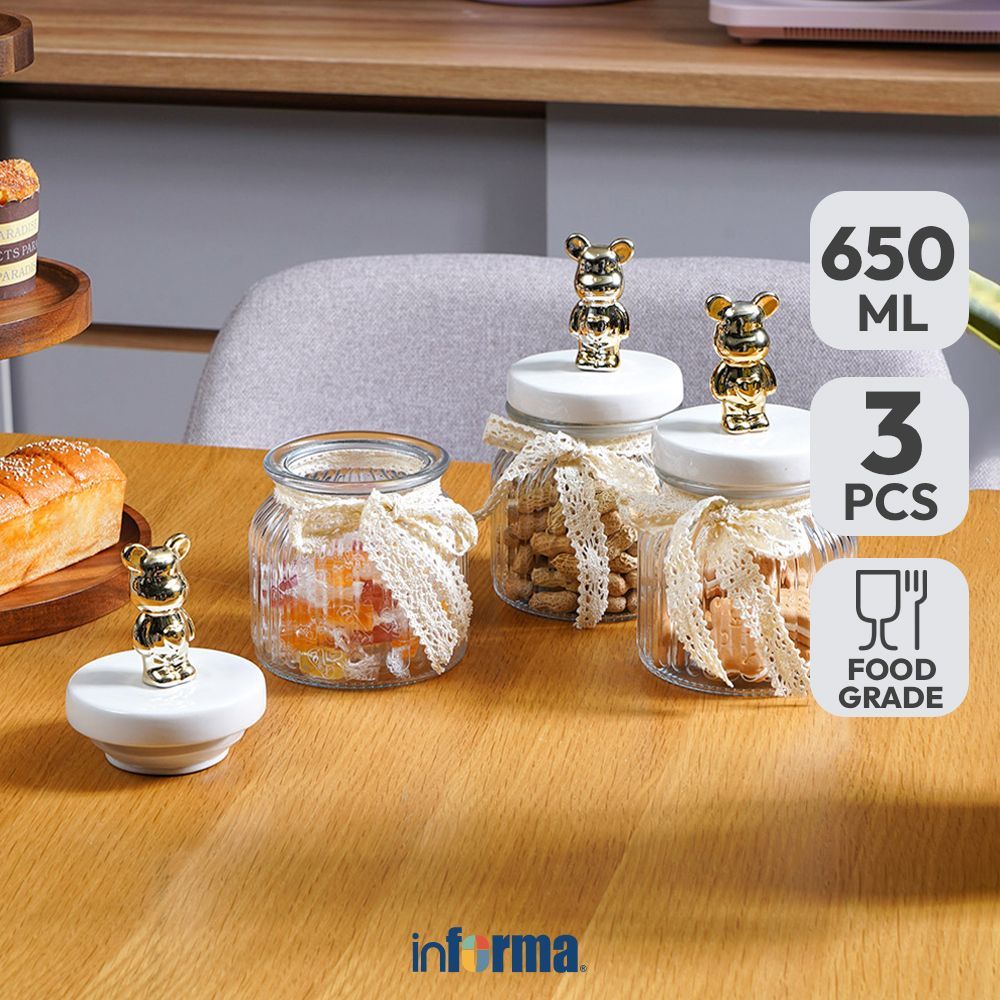 Informa Stoples Kaca Bear 650 ml Set 3 Pcs - Gold Jar Tempat Simpan Snack Dan Permen Setoples Toples