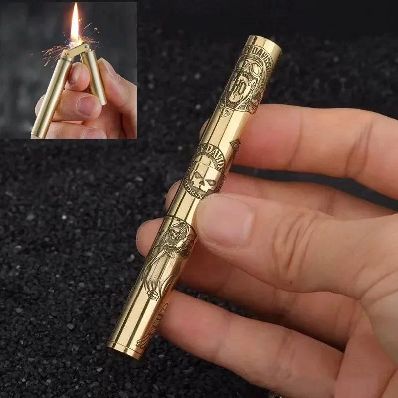 Retro Brass Kerosene Lighter Nunchaku Style Free Fire Grinding Wheel Flint Cigarette Lighter Gasolin