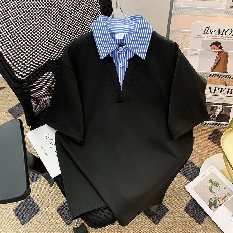 Kemeja palsu dua bagian kerah lengan pendek polo pria pasangan blus
