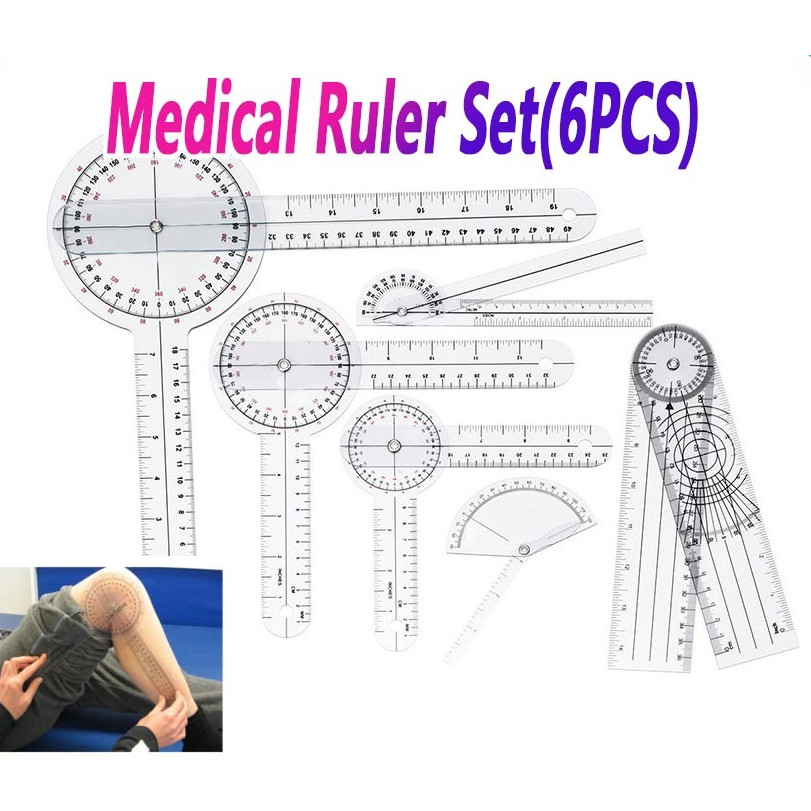 Alat Ukur Fisioterapi Goniometer 6PCS – Transparan PVC Tahan Lama, Pengukur Sudut Sendi/Jari Spinal