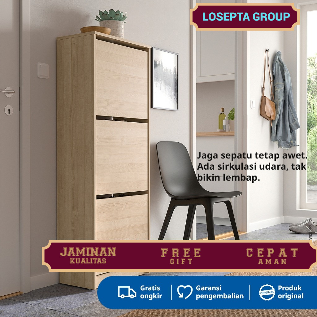 IKEA BISSA Rak Kabinet Sepatu Dengan 3 Kompartmen Minimalis Efek Kayu Oak 49x28x135 cm