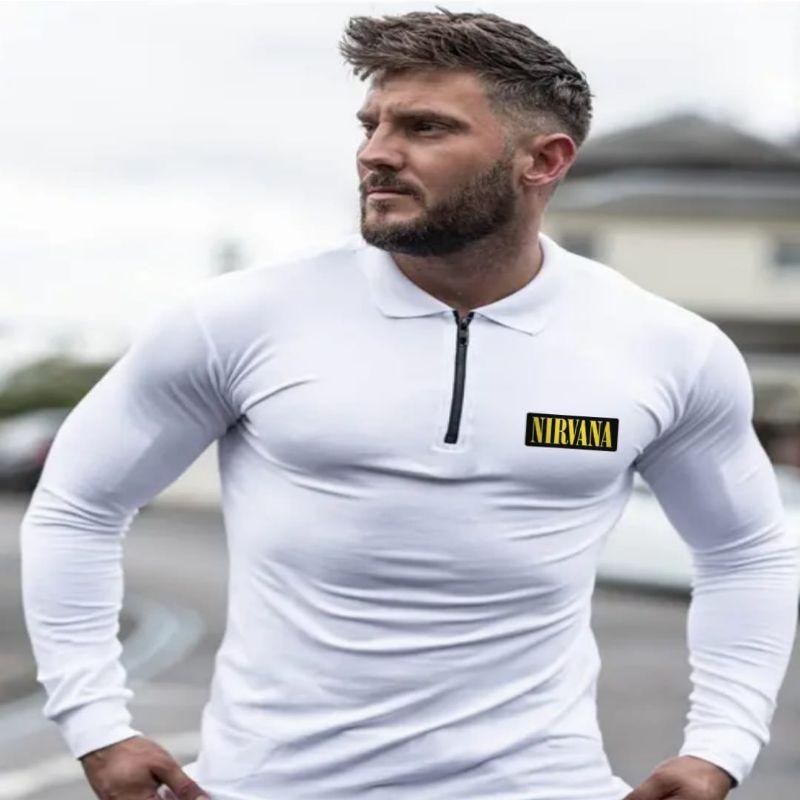 Kaos kerah zipper pria lengan panjang Kaos resleting pria Baju kaos pria lengan panjang Kaos model t