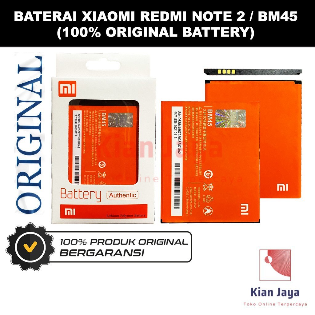 Baterai Xiaomi Redmi Note 2 BM45 ORIGINAL 100% | Batu Batere Batrai Batre Batrei Battery HP Xiao Mi 