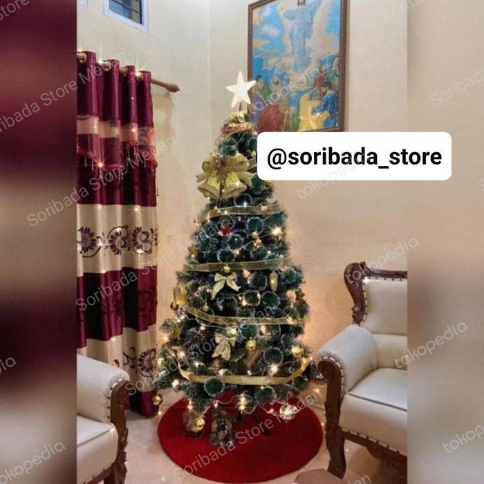 Pohon Natal Jarum Premium 150cm | Pohon Natal Keren | Pohon Natal Unik - Hijau Emas, 150+hiasan