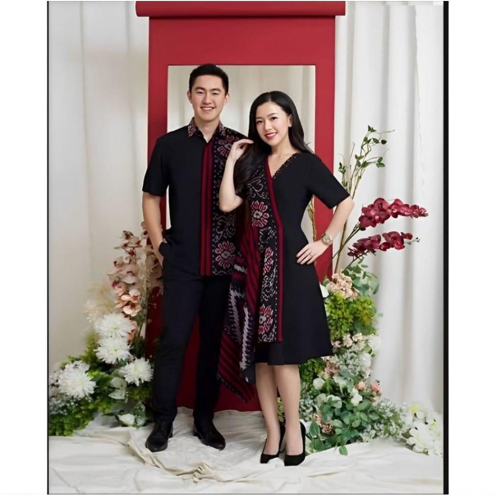 new setcouple baju tenun natal motif mawar dress wanita dan kemeja pria dewasa