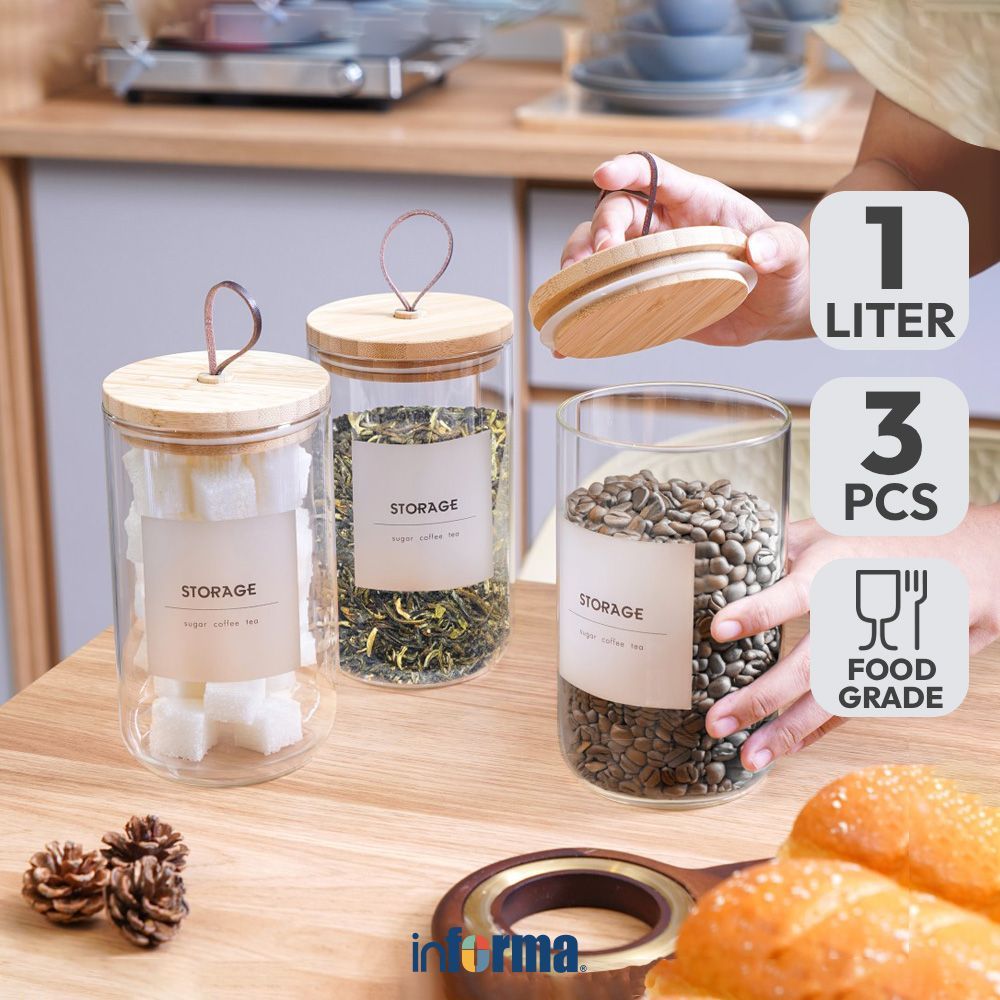 Informa 1 ltr Set 3 pcs Wanda Stoples Kaca Jar Tempat Simpan Snack Dan Permen Setoples Toples Serbag