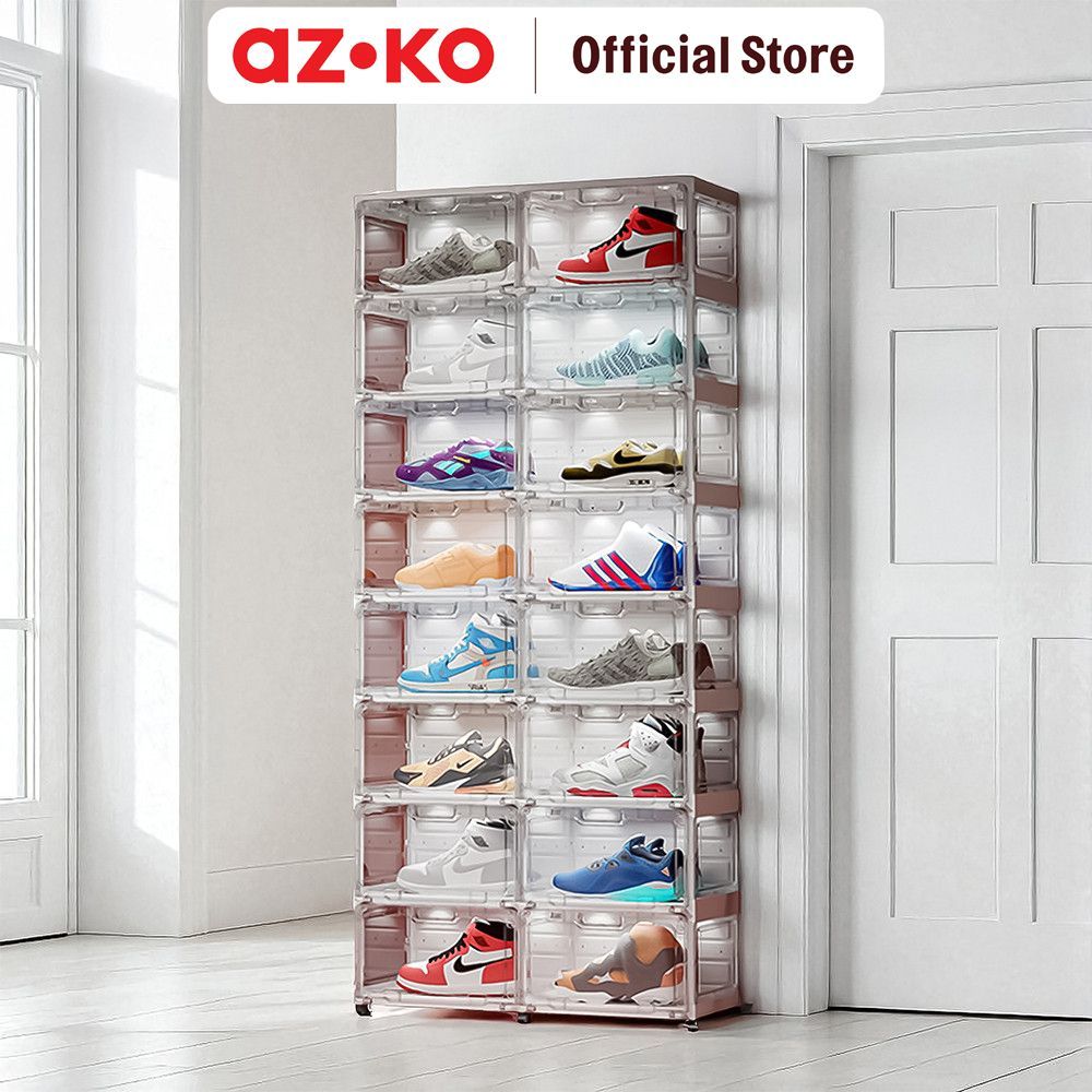 AZKO Stora Lemari Sepatu Lipat 16 Pintu Dengan Lampu Led & Roda Transparan Tempat Sepatu Rak Sepatu 