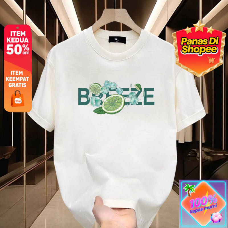 Kaos Pendek Katun Kasual Pria Shopee dengan Cetak Limun, Es & Huruf BREEZE Trendy