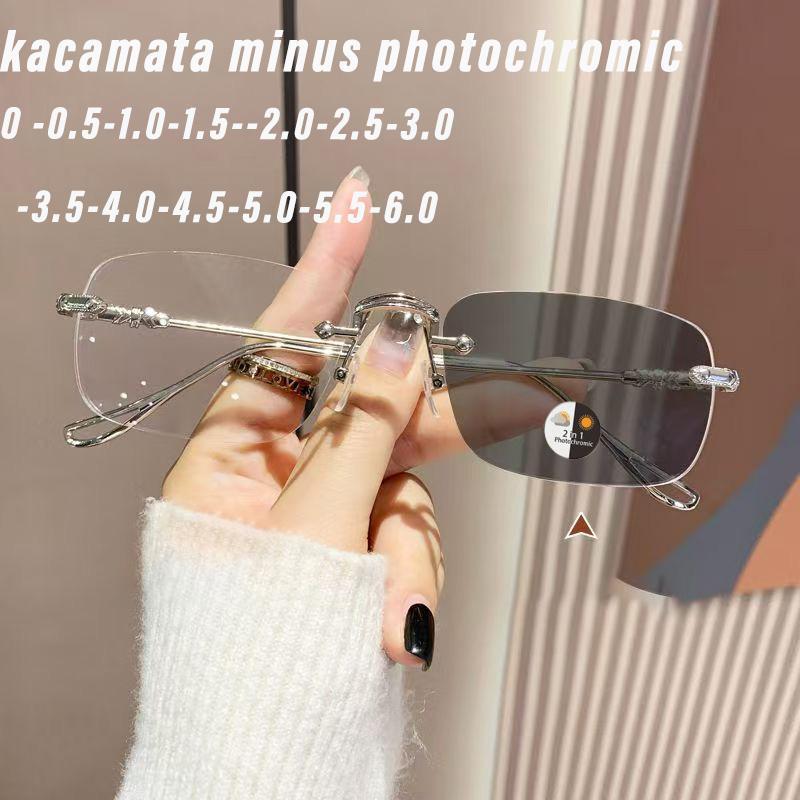 Kacamata Minus Photochromic Tanpa Silinder Tanpa Bingkai Anti Radiasi & Cahaya Biru Lensa Custom -0.