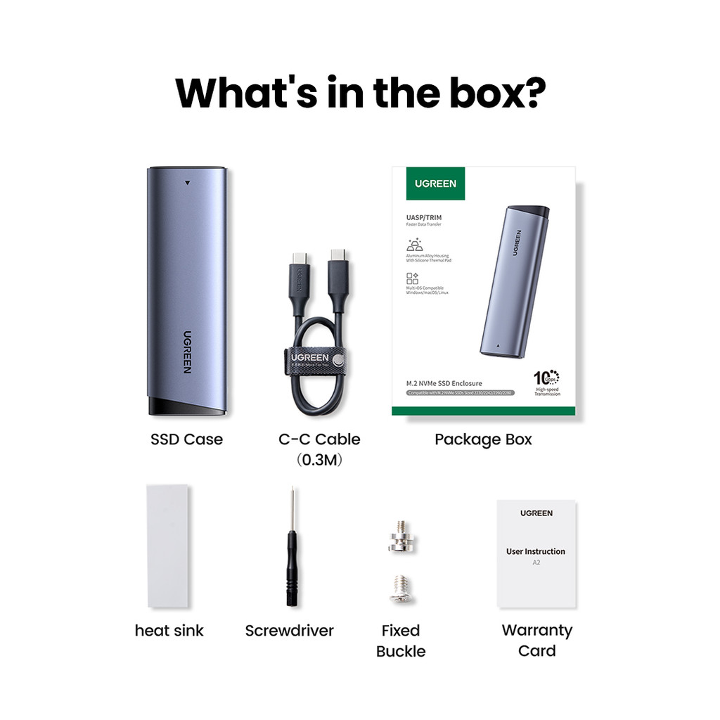 UGREEN 10Gbp M2 SSD Case NVME SATA Dual Protocol M2 to USB Type C SSD Adapter for NVME PCIE NGFF SAT