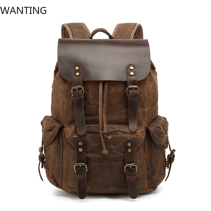 Casual Oil Wax Canvas Backpacks Vintage Waterproof Large Capacity Travel Bag Women Mochila Leather L