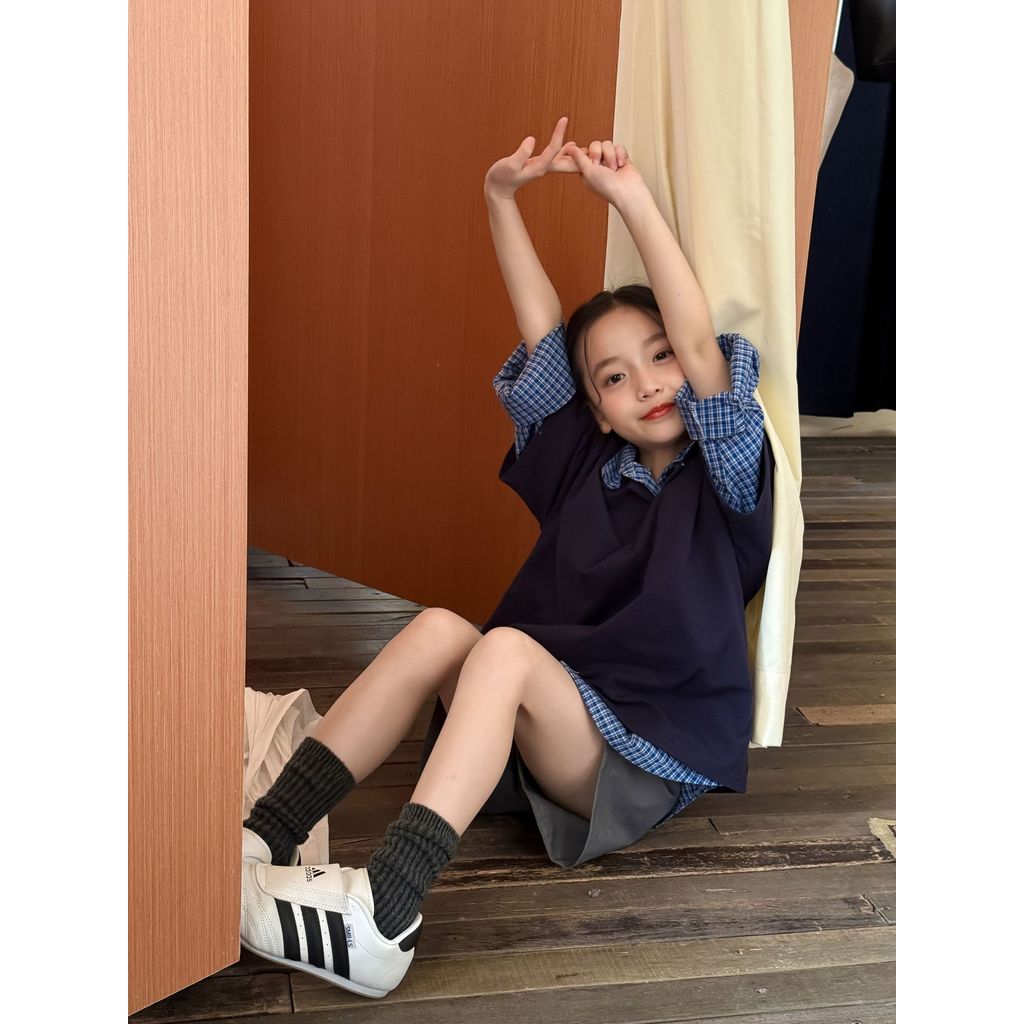 [Saror]Kemeja Kotak-Kotak Biru Kecil Gaya Preppy/polo Kemeja/Celana Pendek Jas