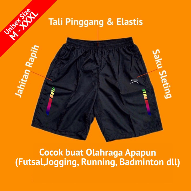 Celana Pendek Parasut Olahraga Saku Resleting Pria Wanita Running Gym Sport Kolor Volly Futsal Bulu 