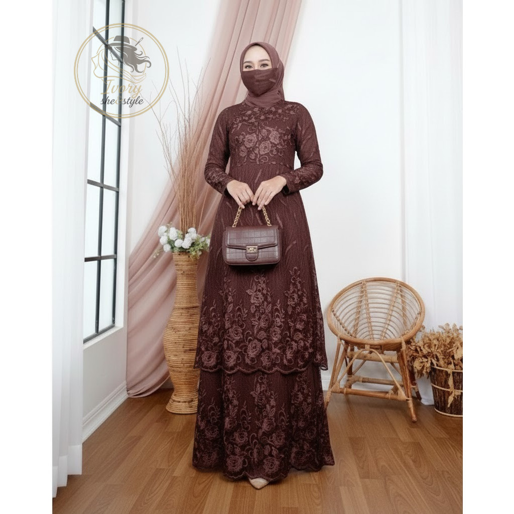 Ivory - MAXI VIRA (M L XL XXL XXXL) GAMIS BRUKAT DRESS SUSUN FULL BRUKAT BUSUI FRIENDLY GAMIS PESTA 