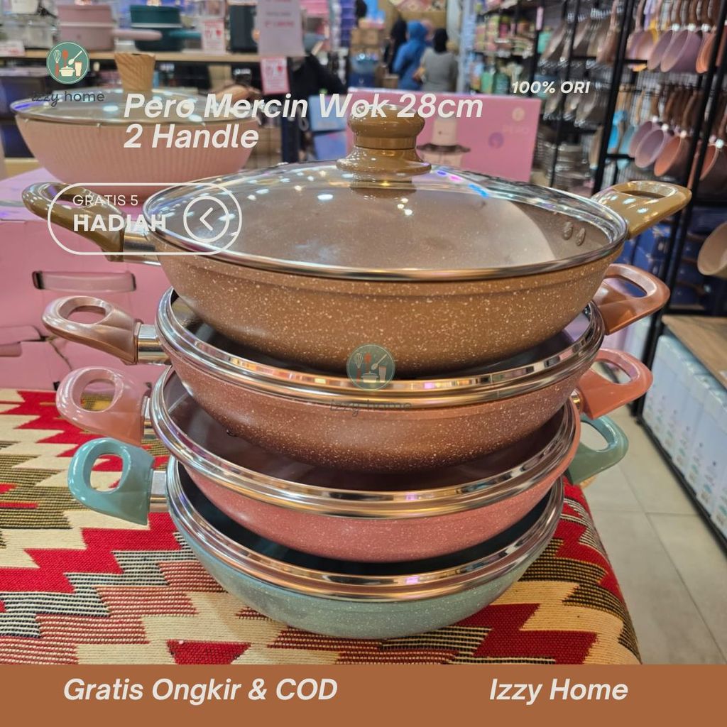 [Gratis 5 Hadiah] Pero Mercin Wokpan 28cm 2 Handle – Wajan Anti Lengket Tutup Kaca & Knop Kayu