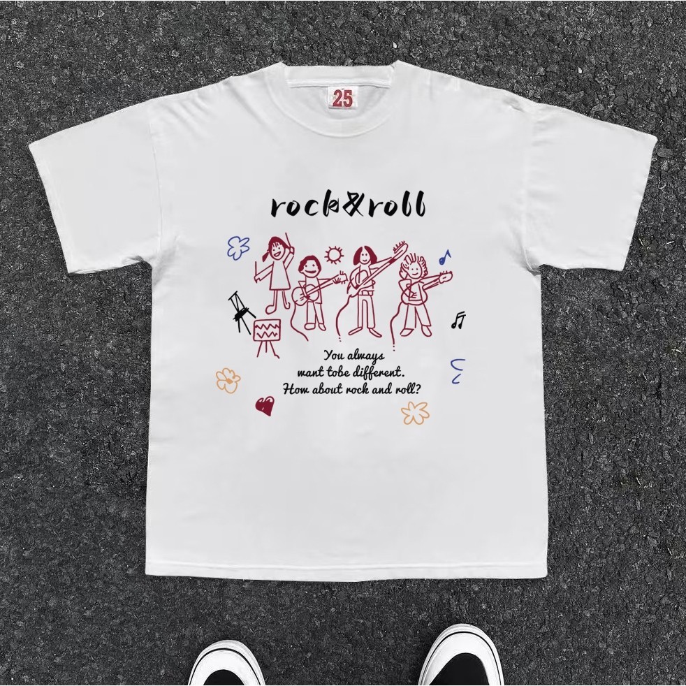 MCM Boxy Oversize Tshirt Original Trend rock and roll Print top| Kaos Wanita Putih | Kaos pria dan w