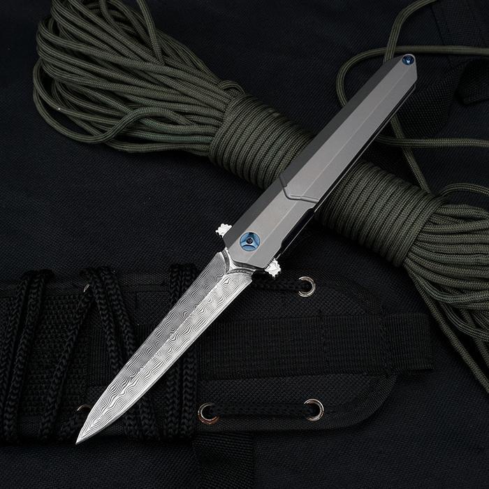 Damascus Stiletto Knife Titanium Handle