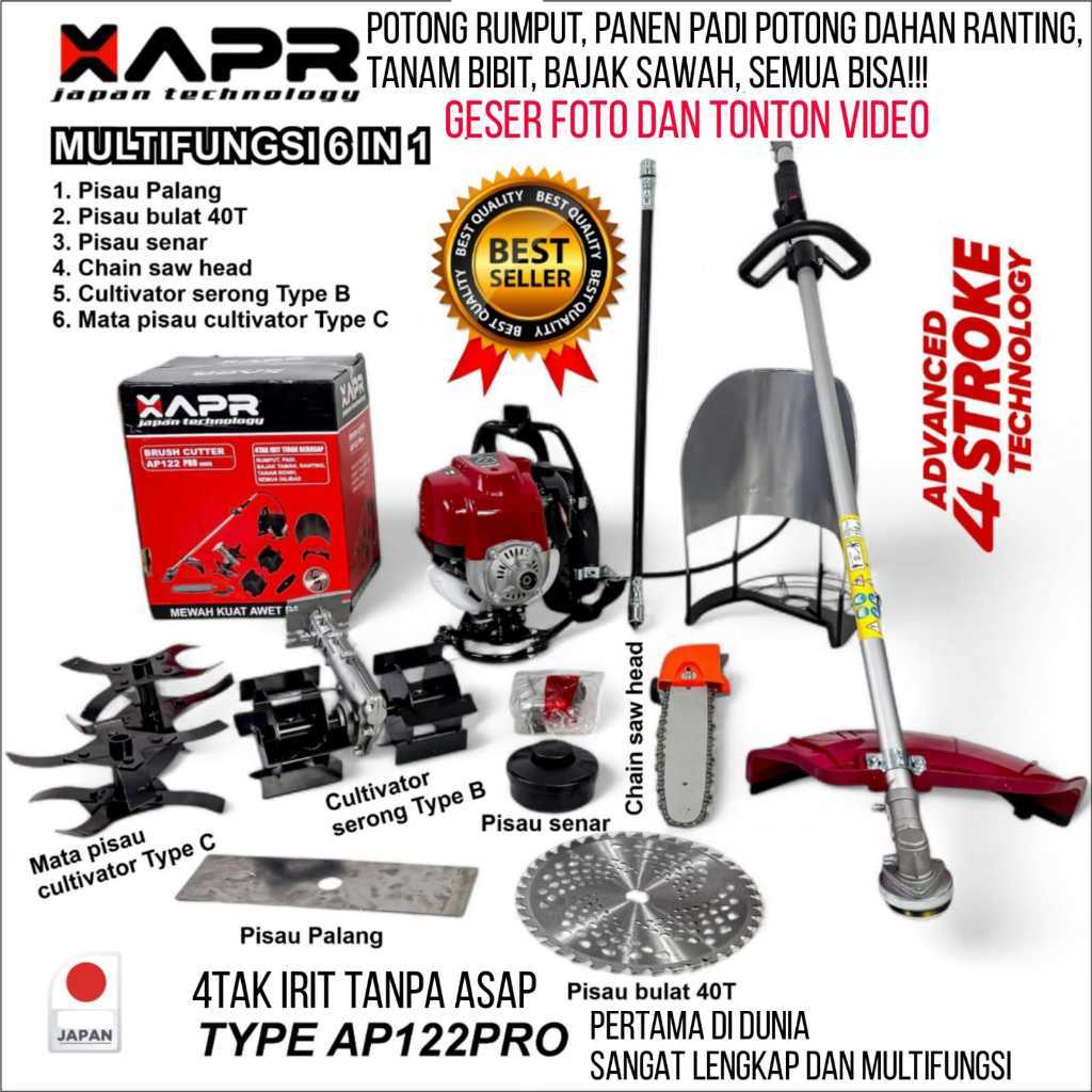 APR Raja Mesin Potong multifungsi  Rumput 4 Tak Model Gendong tipe AP122PRO Paket 6 Mata Pisau (6 in