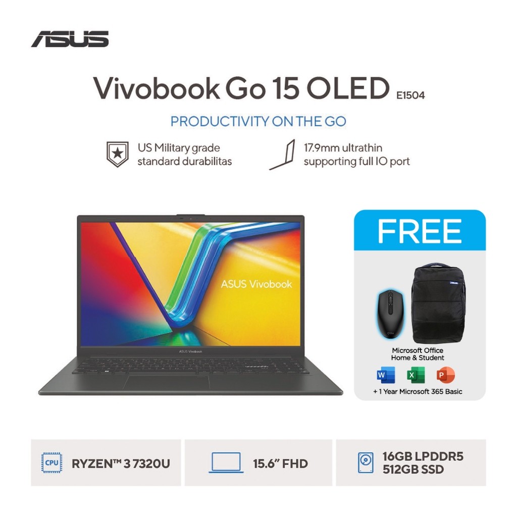 ASUS Vivobook Go 15 E1504FA Ryzen 3 7320U 512GB SSD 16GB IPS Win11+OHS