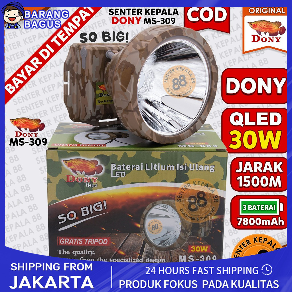 / DONY / Senter Kepala Cas / MS 309 / SOBIG 30 W 30 WATT / QLED LED T6 / Super Terang / Murah Senter