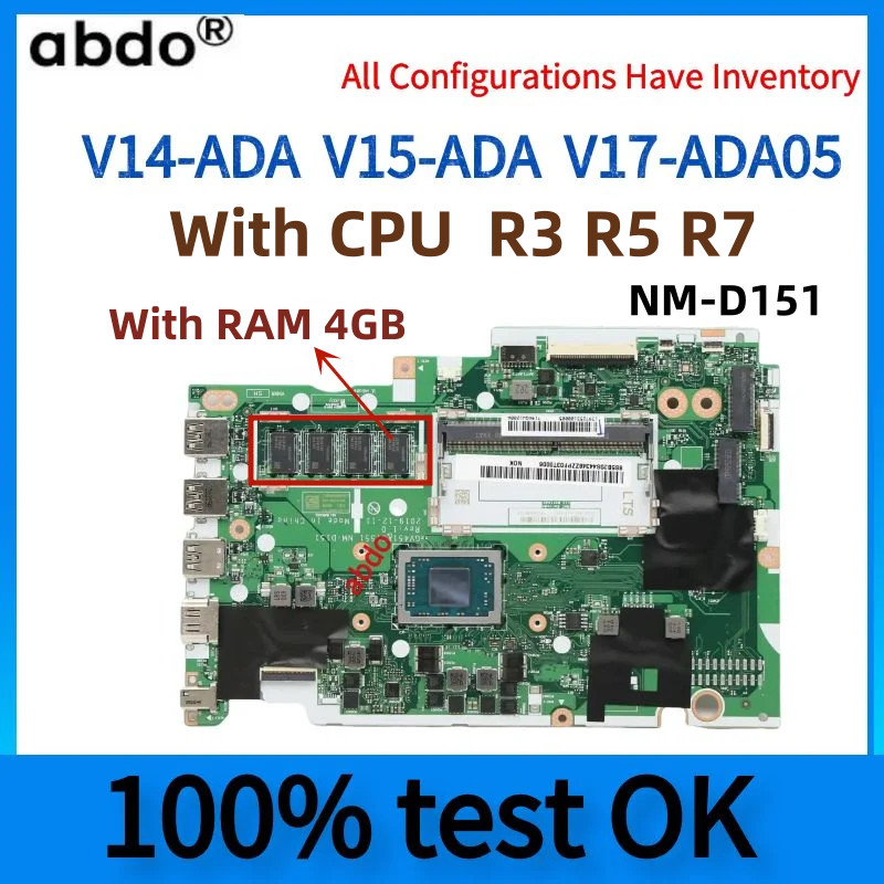 For Lenovo V14-ADA V15-ADA   Laptop Motherboard.NM-D151/C511 Motherboard.With CPU R3/R5/R7.RAM 4G 10