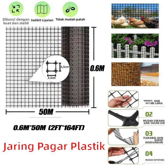 PROMO  Jaring pagar plastik tahan lama lebih dari 10 tahun, panjang 50m, lubang 3,5cm, cocok untuk p