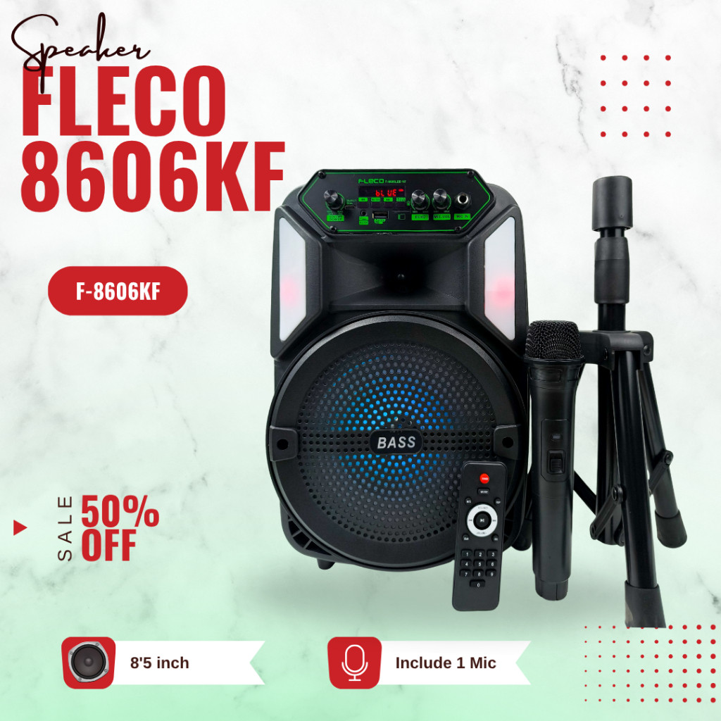BARU SPEAKER BLUETOOTH FLECO F 8606 LED KF 8'5 INCH FREE MIC WIRELESS + REMOTE + STAND / SPEAKER KAR