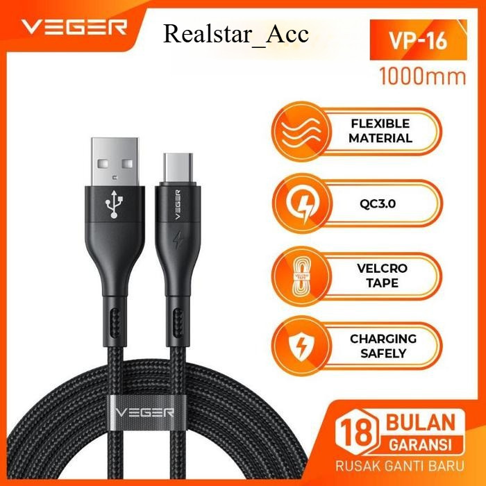 VEGER Kabel Data Type C VP16 - VEGER Kabel Fast Charging QC3.0 ORIGINAL100%