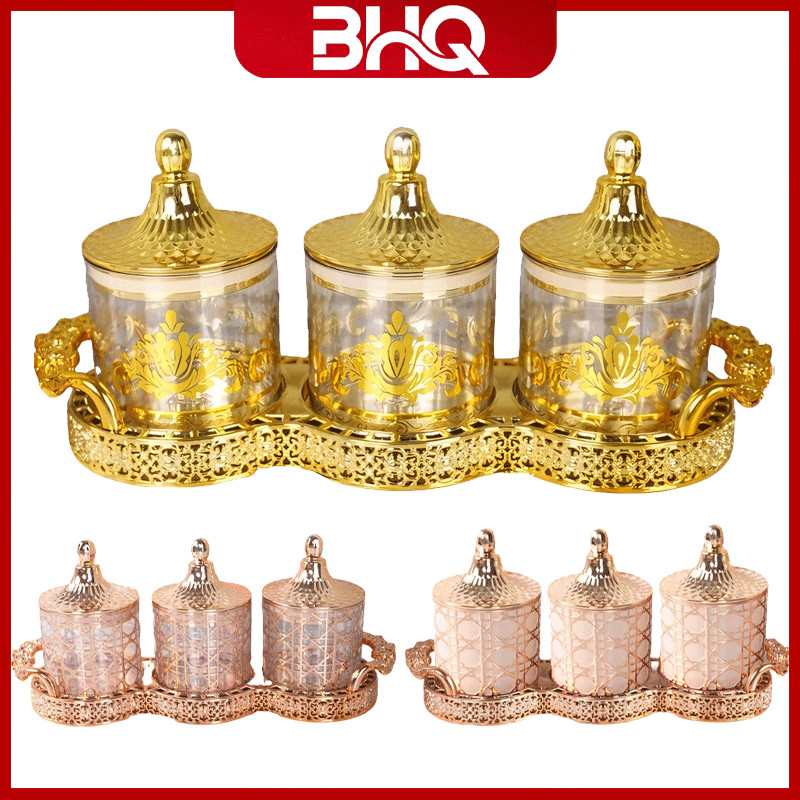 BHQ Toples Emas Mewah Set 3 Pcs Plastik Storage Container Transparan Toples Kue Lebaran Toples Mewah