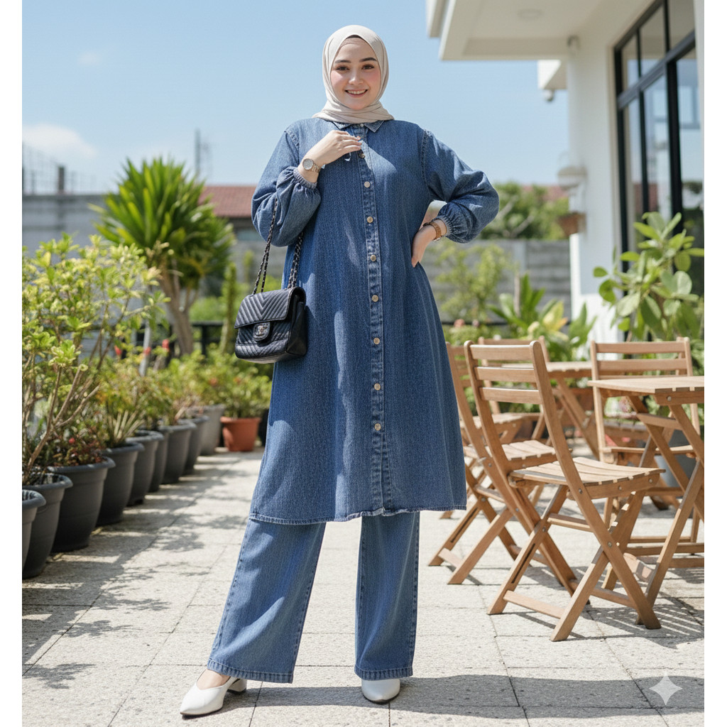 One Set Jeans Jumbo Jammie Set Long Jeans LD 100-130 Premium/Baju Setelan Wanita Tunik