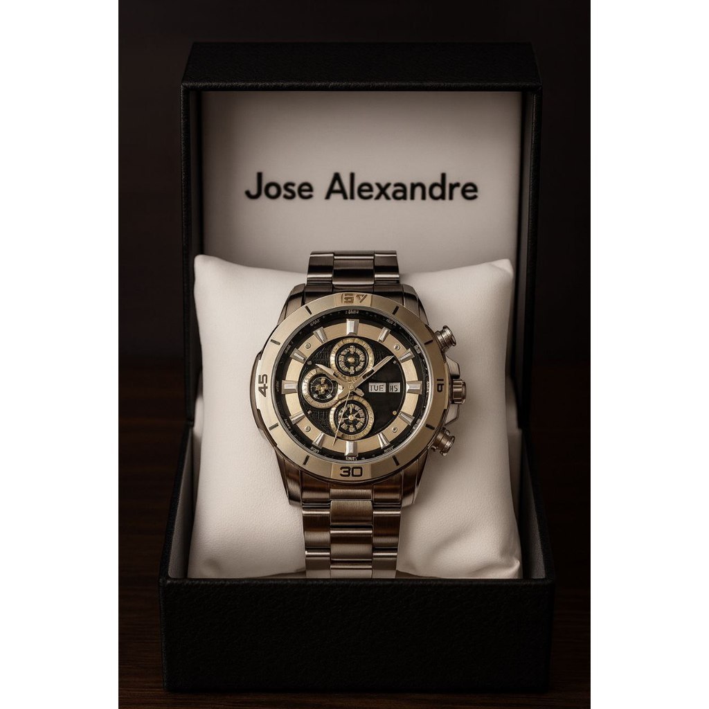 Jam Tangan Pria Silver / Putih Jose Alexandre Tanggal Hari Aktif Rantai Stainless