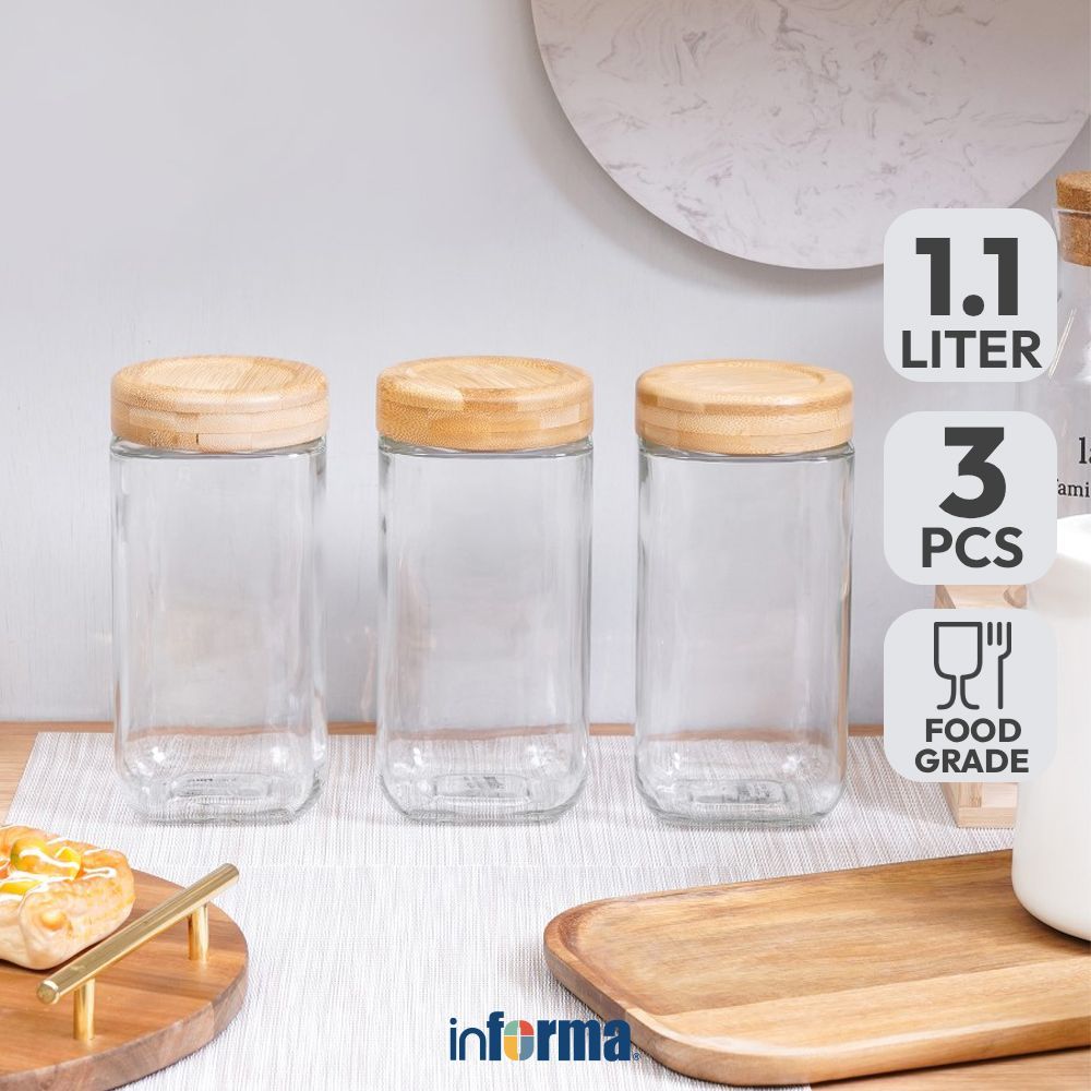 Informa 1.1 ltr Set 3 pcs Sharine Stoples Kaca Jar Tempat Simpan Snack Dan Permen Setoples Toples Se