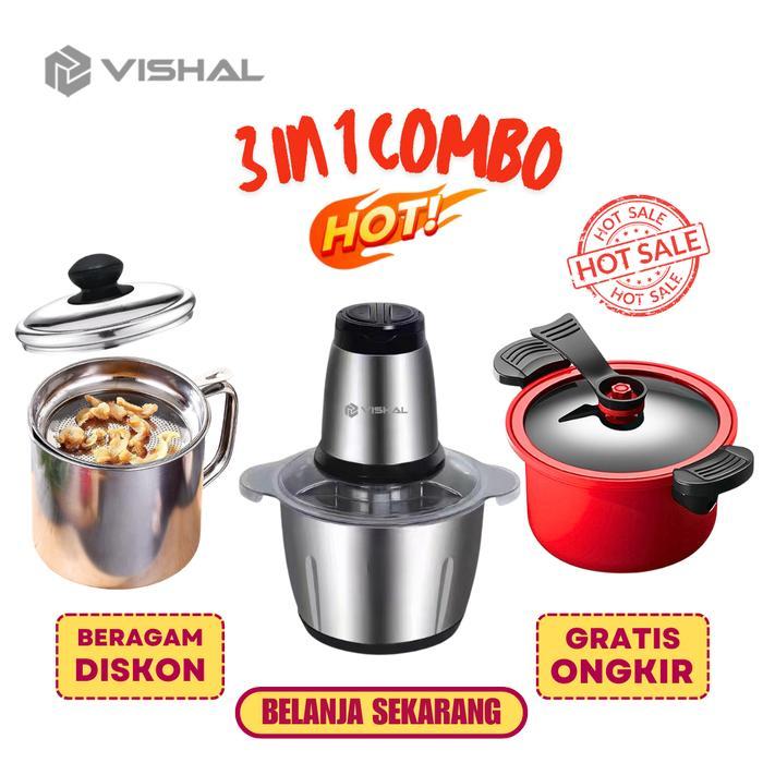 VISHAL Combo spesial 3 in 1  Blender Daging Penggiling Chopper Stainless + Oil Pot Wadah Penyaring M