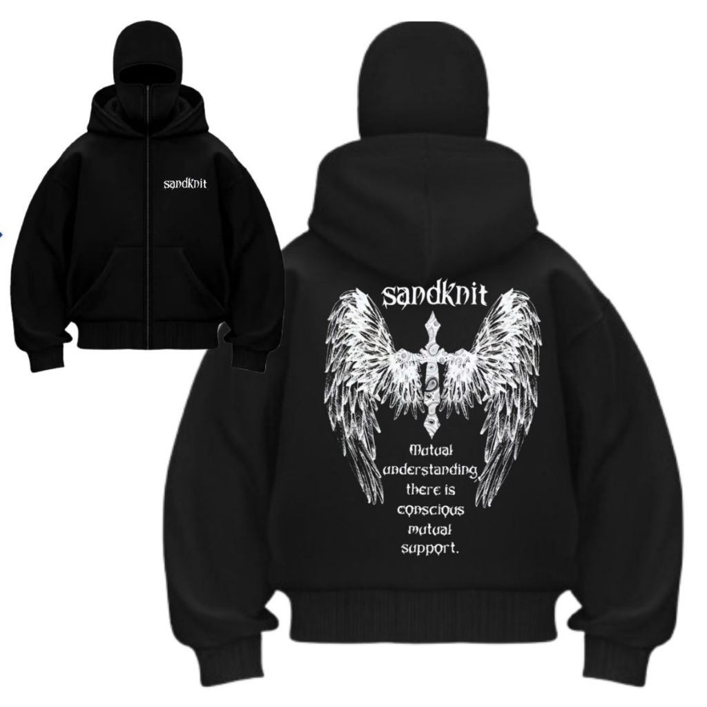 Hoodie Balaclava Zipper Reflektif Sablon Nyala Frenemy Jaket Boxy Hitam Pria Wanita