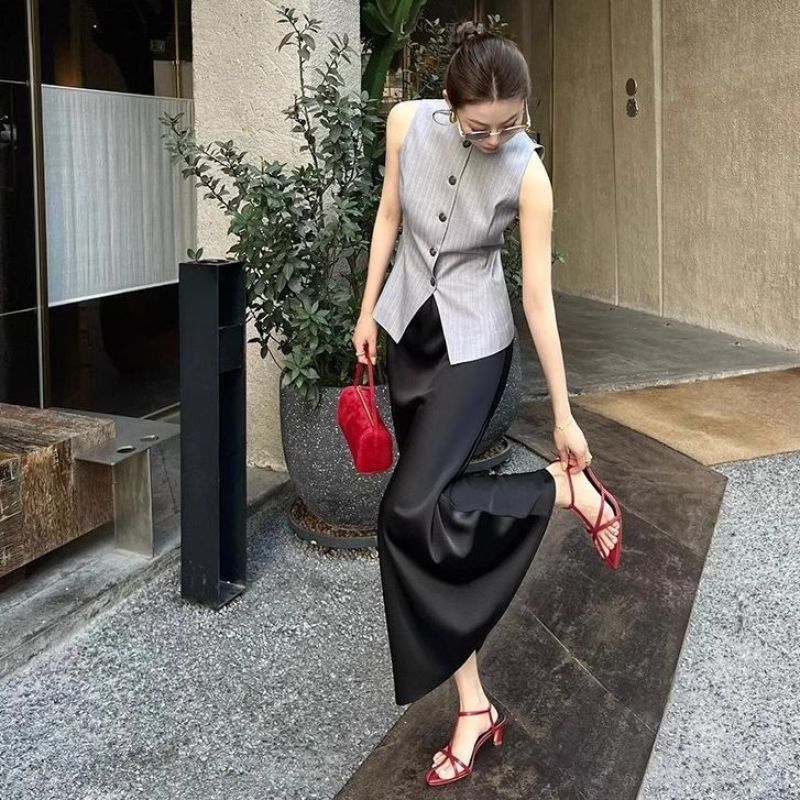 Set Rok Elegan Serbaguna Gaya Chanel Rompi Abu-abu