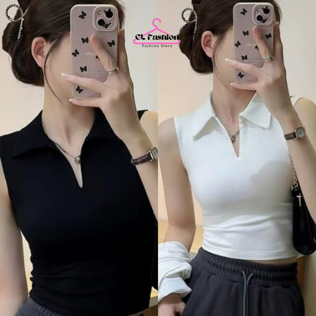 Tanktop Halter Crop Wanita Rossi Kerah Korean Style Kekinian V Neck Knit Rib