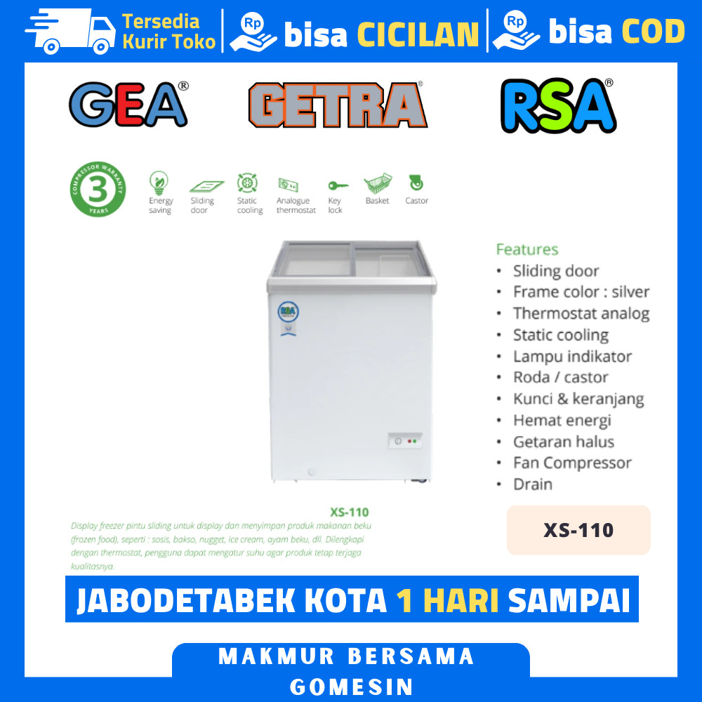 Chest Freezer Box Sliding Rsa Xs-110 Freezer Sliding Kaca Flat Kapasitas 100 Liter Garansi Resmi