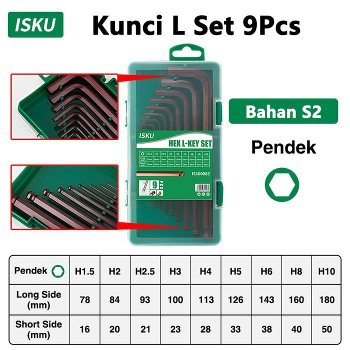 ArtTools ISKU ISKU kunci l full set panjang komplit 9 pcs lengkap bengkel S2 - Medium ball