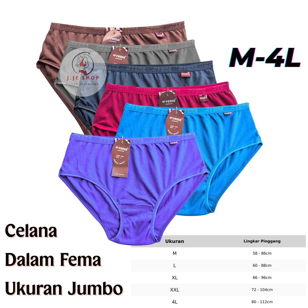 Celana Dalam Wanita Fema Ukuran Jumbo 8833 Katun Ban Polos - 12 Pcs - Lembut, cd perempuan size M - 