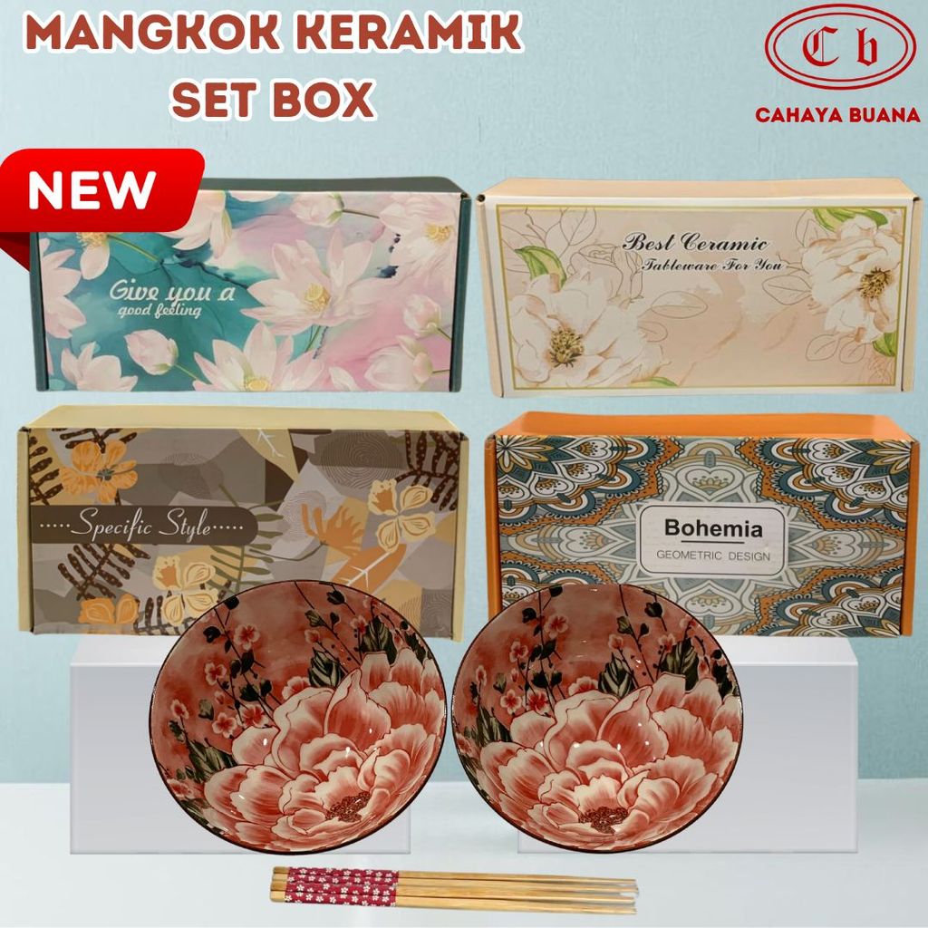 Hampers Mangkok keramik set / 2 Mangkok + 2 Pasang sumpit / seri bunga