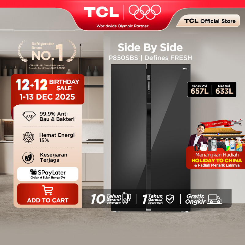 TCL Kulkas 2 Pintu Side by Side – Kapasitas 657L - No Frost - Inverter - Black Glass Door - Lemari E