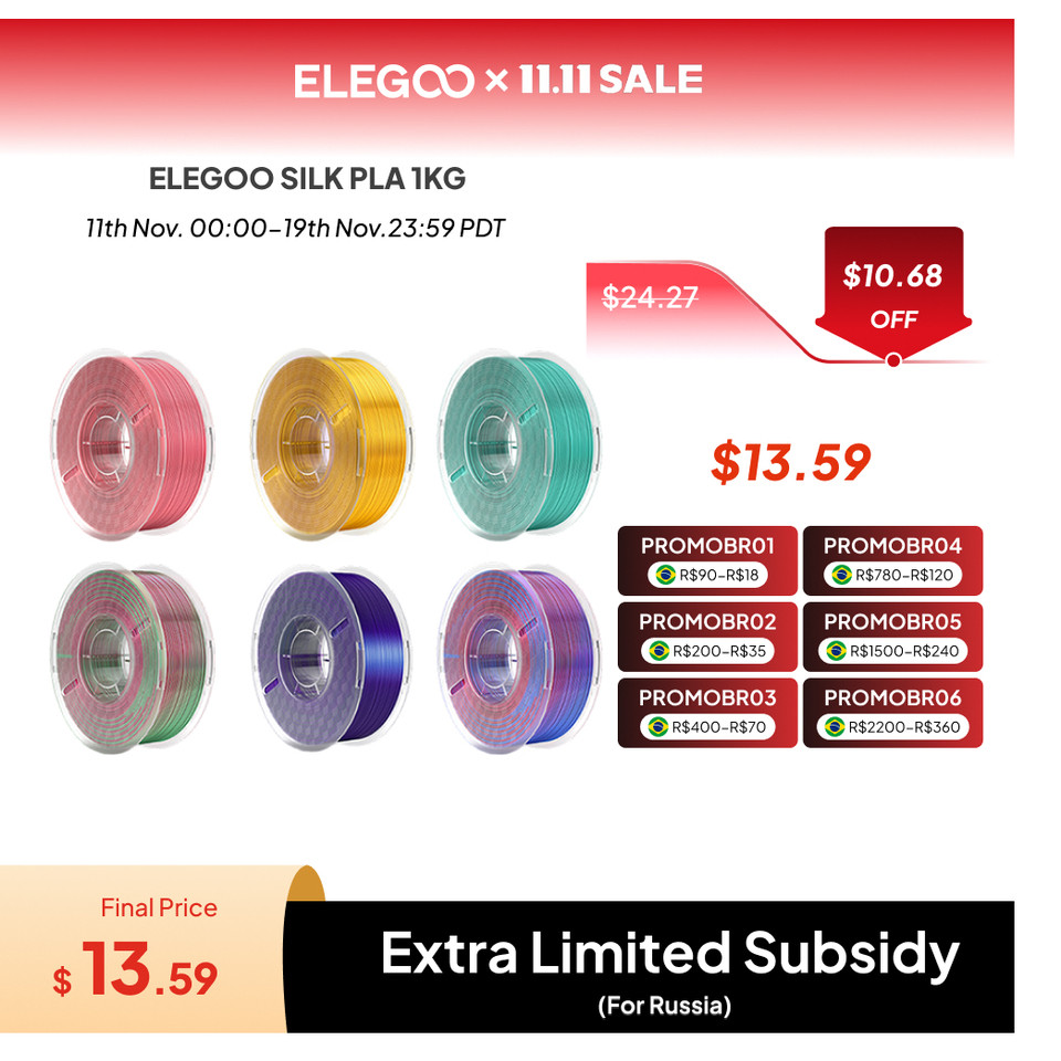 ELEGOO 10KG Silk Filament PLA 1.75mm 3D Printer Filament for FDM 3D Printers Elegoo PLA for Elegoo C