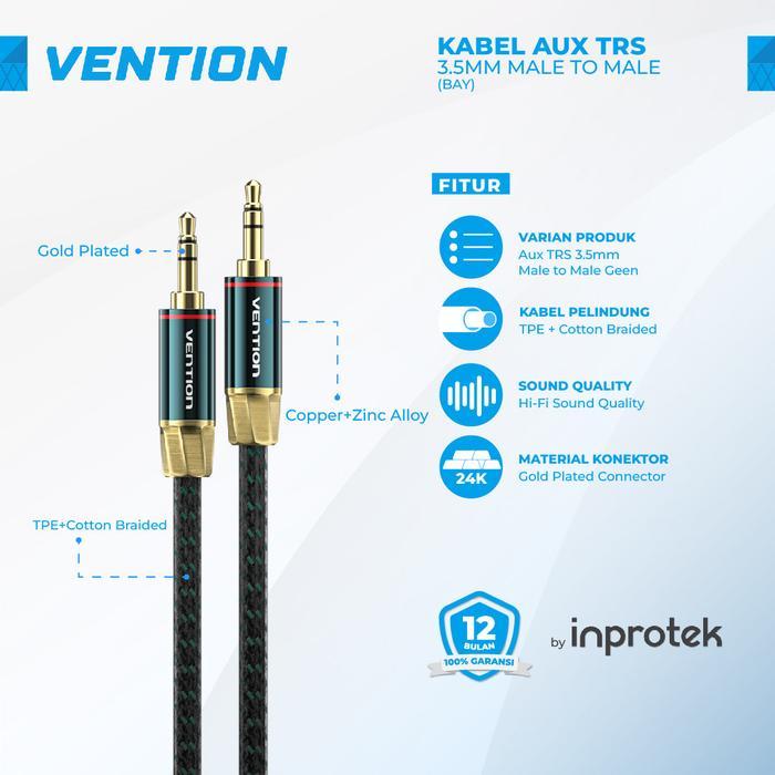 ZOE COMP Vention Kabel Audio Aux 3.5mm Male to Male Braided - BAY - Green, 0.5 Meter