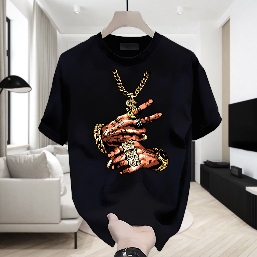 T-Shirt Streetwear Pria Kaos Lengan Pendek Gambar Tangan Tato Rantai Emas Gaya Hip Hop Urban Outfits
