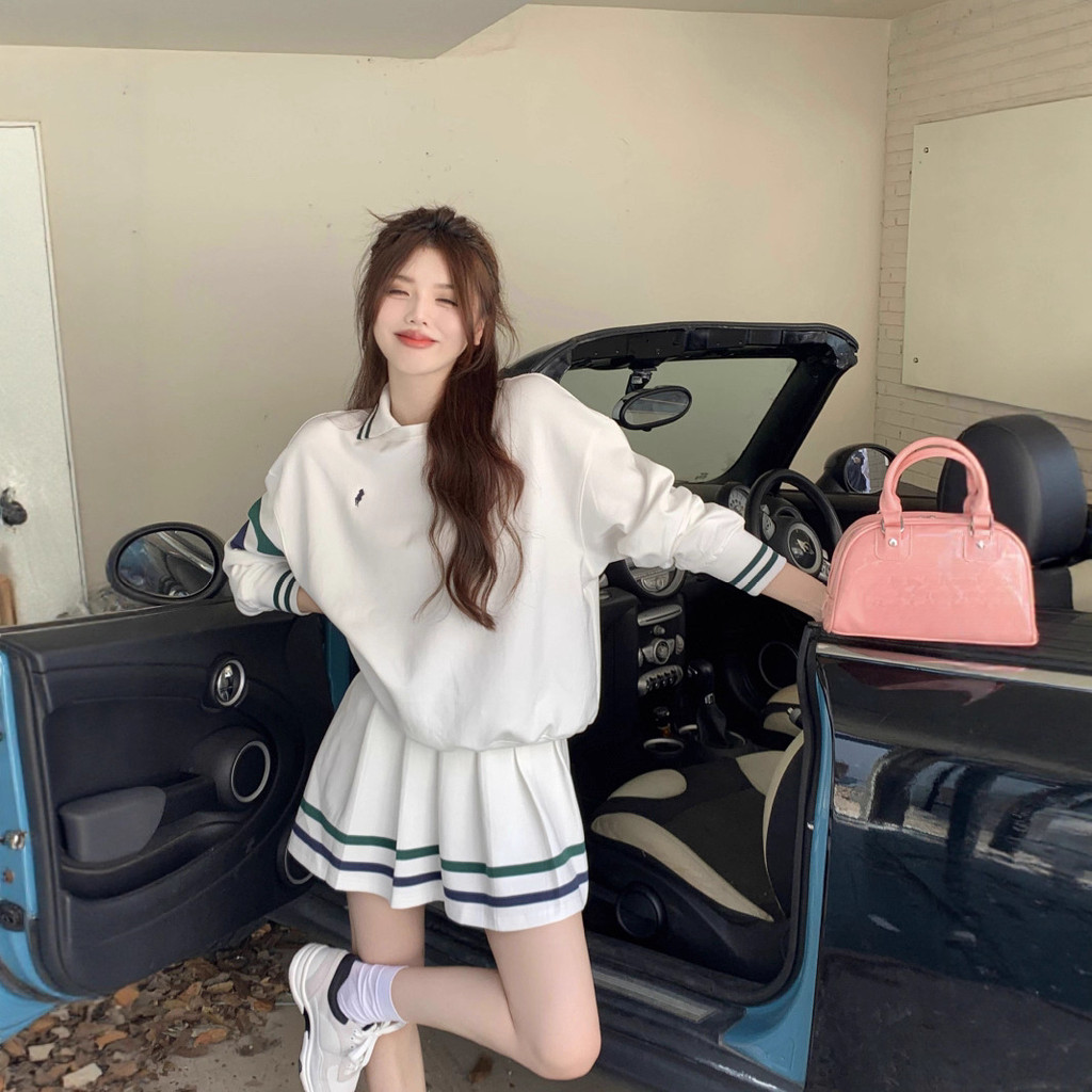 Verve Wardrobe Sweatshirt Kerah Polo Sporty Bergaris Untuk Wanita Jaket Lengan Panjang Retro Amerika