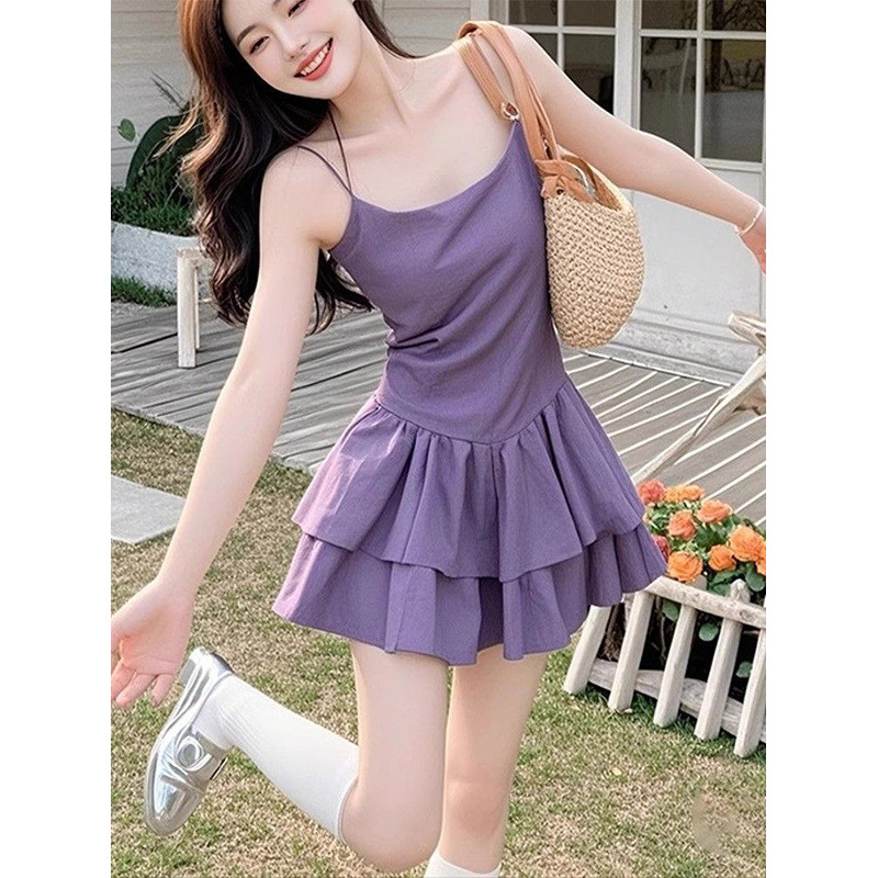 SENYOUMAI Gaun Tali Spaghetti Ungu Seksi Rok Ramping Gaya Prancis Rok Pendek