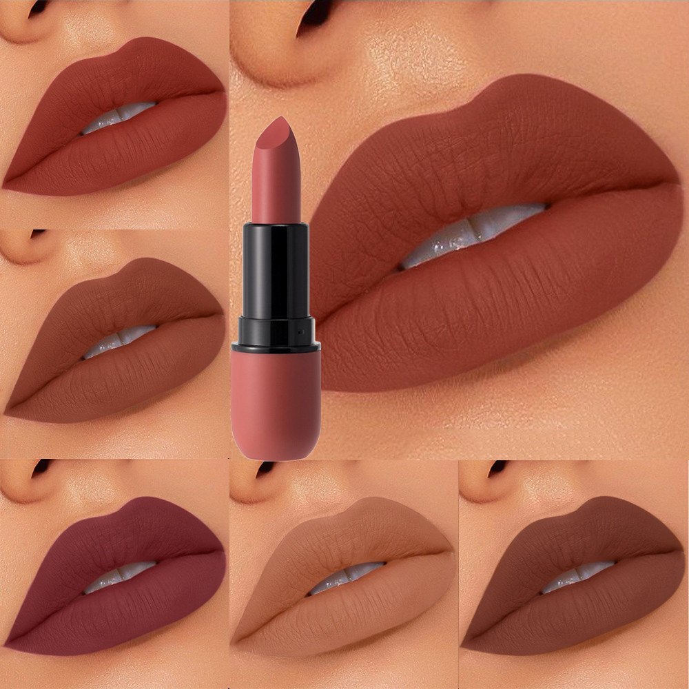 Lipstik Matte Seksi 6 Warna Tahan Air Tahan Lama Warna Rendering Non-Stick Coklat Nude Pensil Kosmet