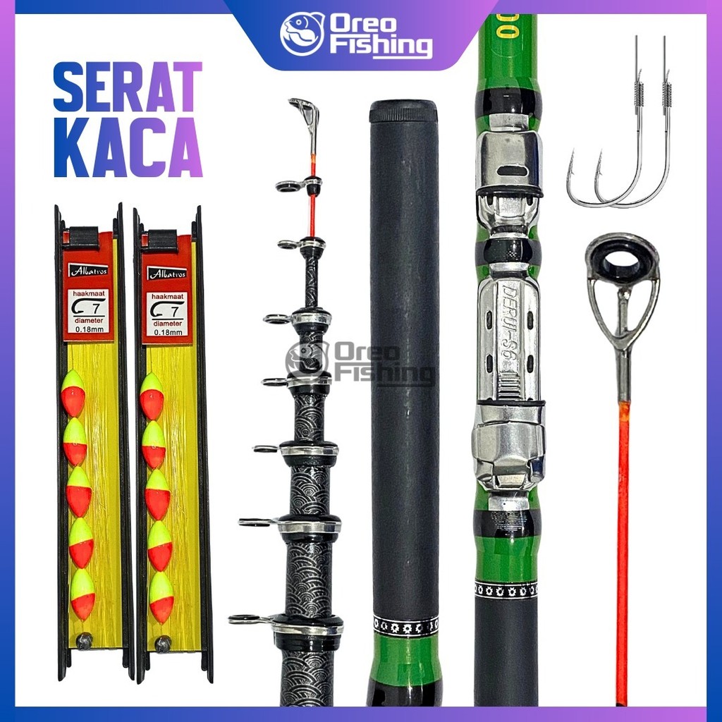 Paket Siap Pakai Joran Tegek Kolong Telescopic Full Serat Kaca Lentur dan Ringan Lengkap Senar, Kail